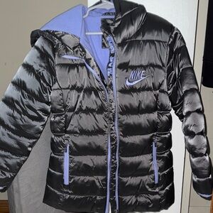 Nike Girls 6 Medium Essential Winter Puffer Jacket Coat Hooded Gray Purple